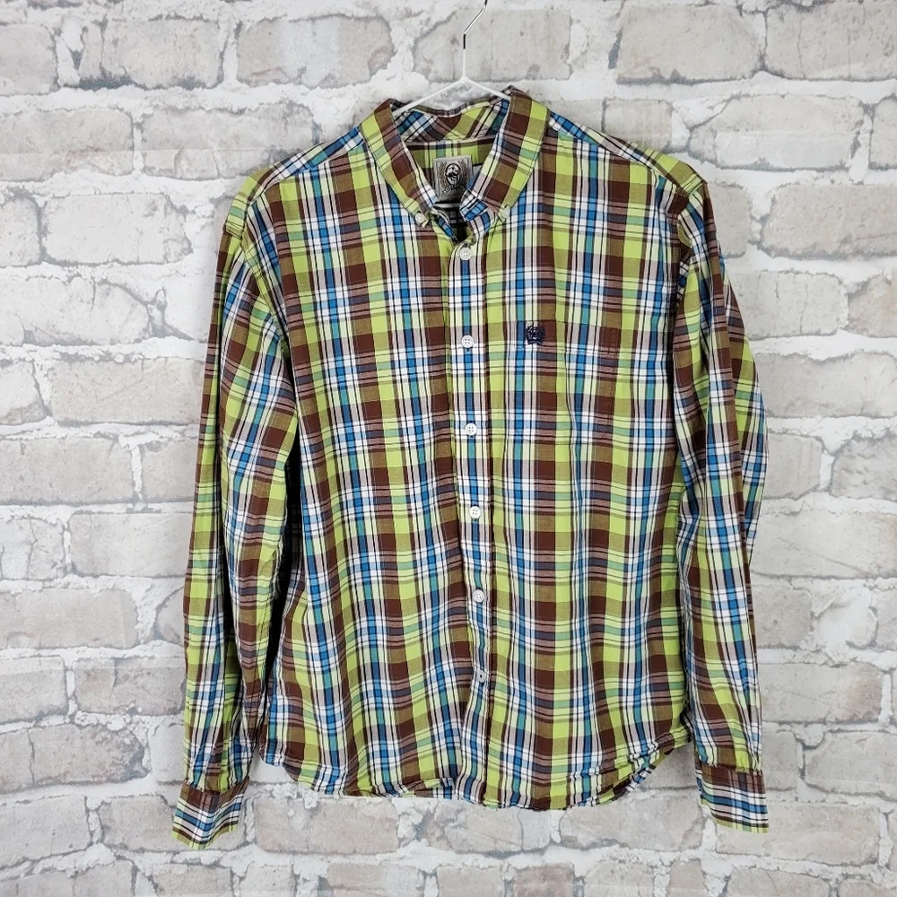 Cinch Button Front Shirt Blue Green Plaid XXL